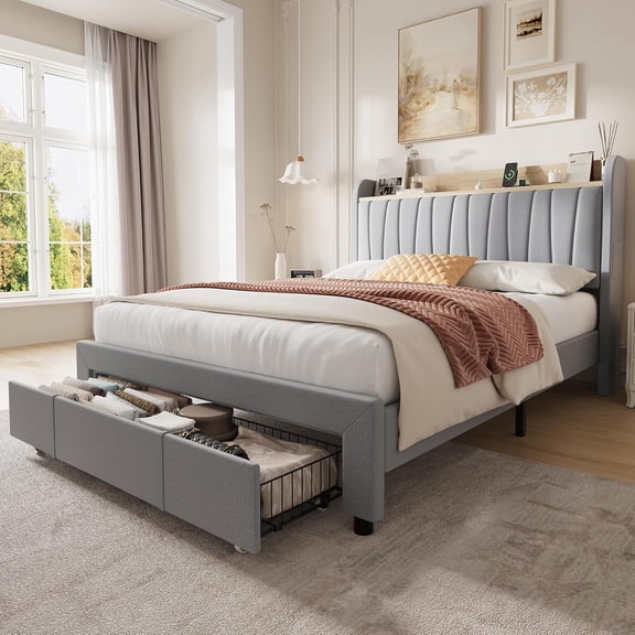 Upholstered Bed Frame with Storage Headboard and Charging Station, Platform Bed Frame with Drawers, Heavy Duty, No Box Spring Needed, Easy Assembly, Grey, Queen Size