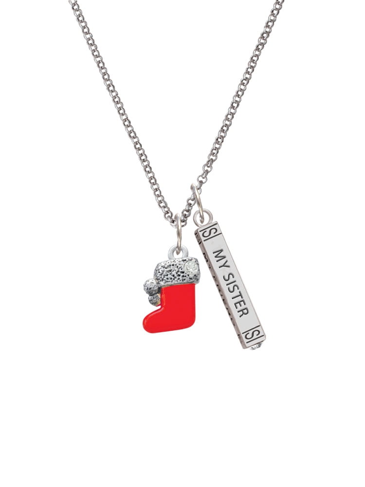 Delight Jewelry Silvertone 3-D Red Christmas Stocking Silvertone Always My Sister Bar Charm Necklace, 23"