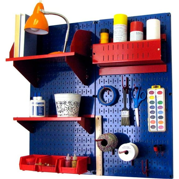 Pegboard Hobby Craft Organizer Storage Kit, Blue & Red - 32 x 32 x 9 in.