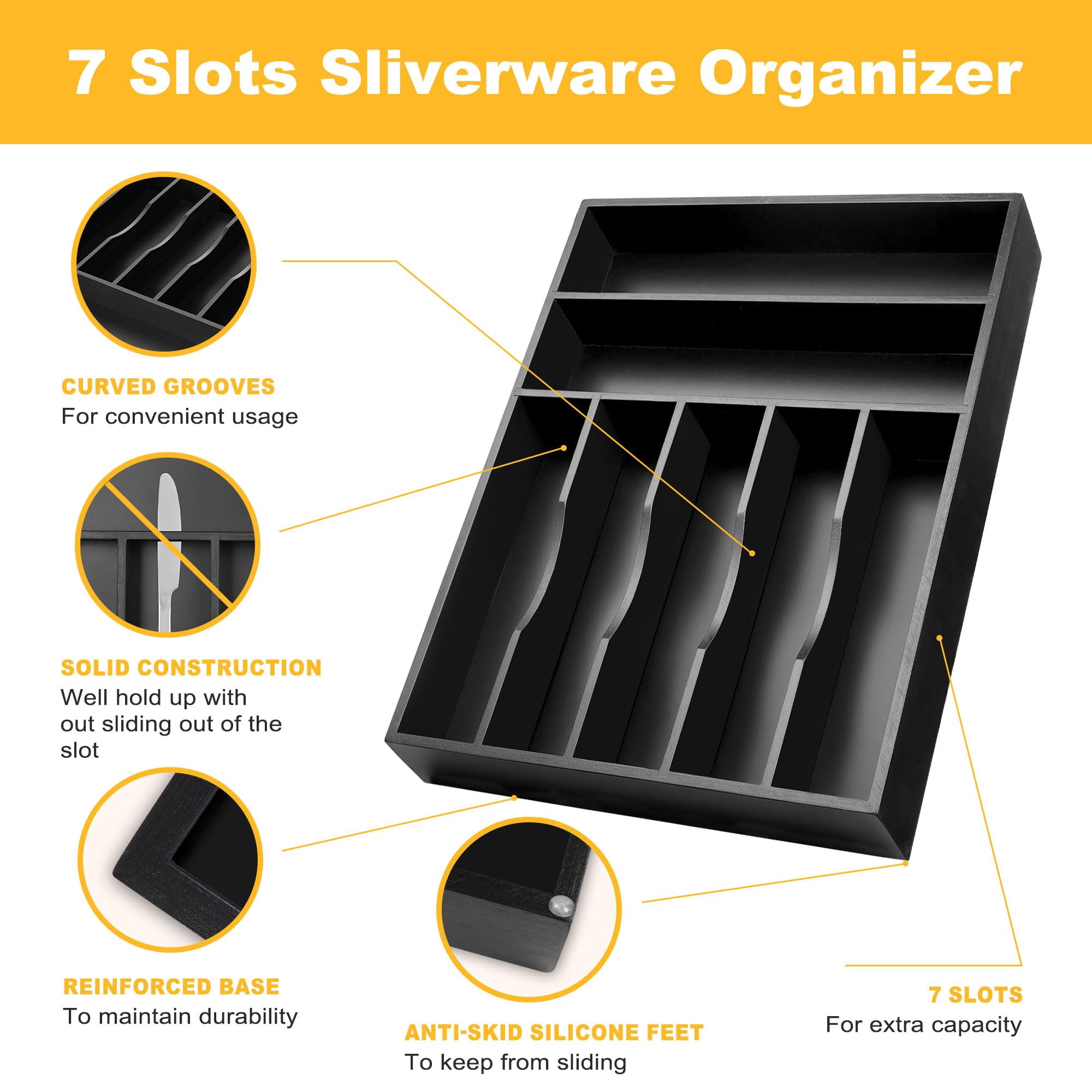 Kitchen Silverware Organizer  Drawer - Utensil Holder And Cutlery Tray With Grooved Dividers For Flatware 7 Slot Black
