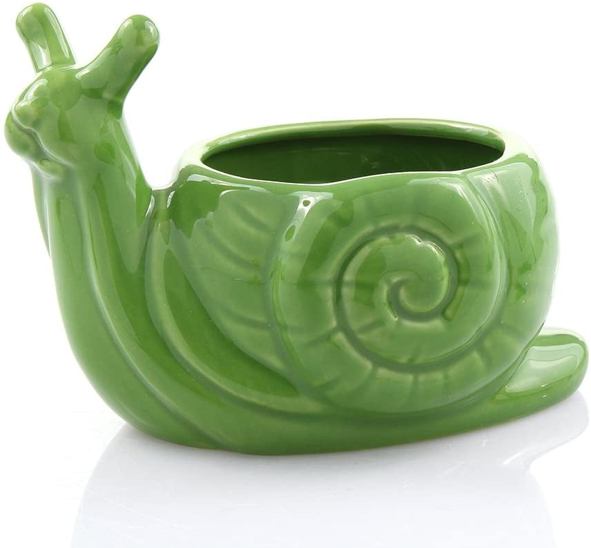 4 Inch Green Ceramic Snail Planter Pot - Animal Shaped Vase for