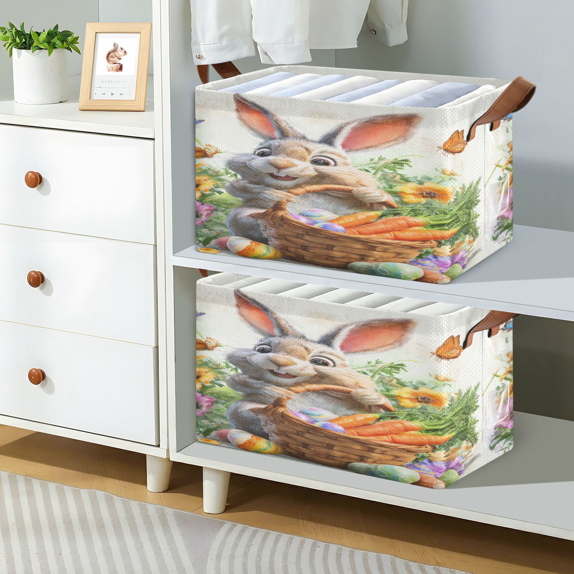 WobogoCartoon Easter Bunny Storage Basket 16.9×11.4×10in Collapsible Oversized with Metal Iron Frame