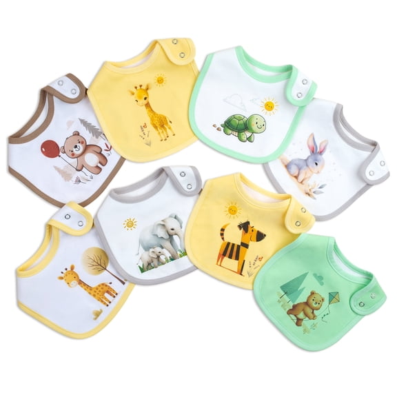 8 Pack Infant Feeding Bibs, Double Cotton Layers with Waterproof Middle Liner, Super Soft Absorbent Teething Drool Bibs Reusable Cute Animal Baby Bib Set