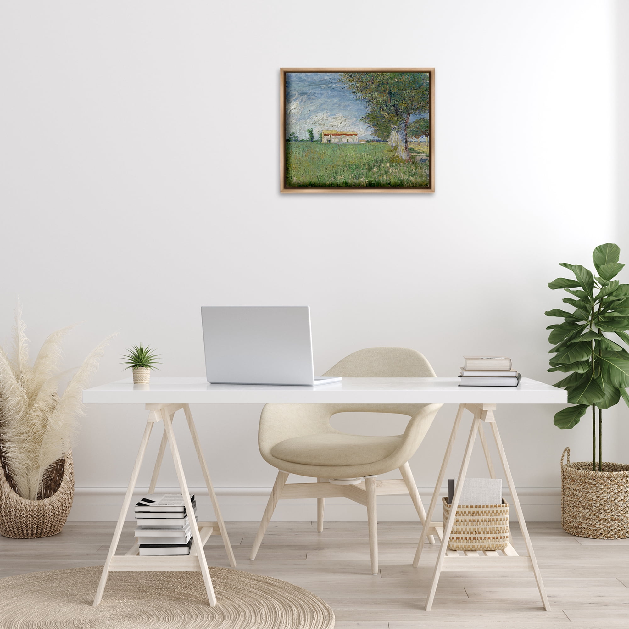 Stupell Industries Van Gogh Farmhouse in Corn Landscape & Nature Painting Brown Floater Framed Canvas Art Print Wall Art, 21 x 17