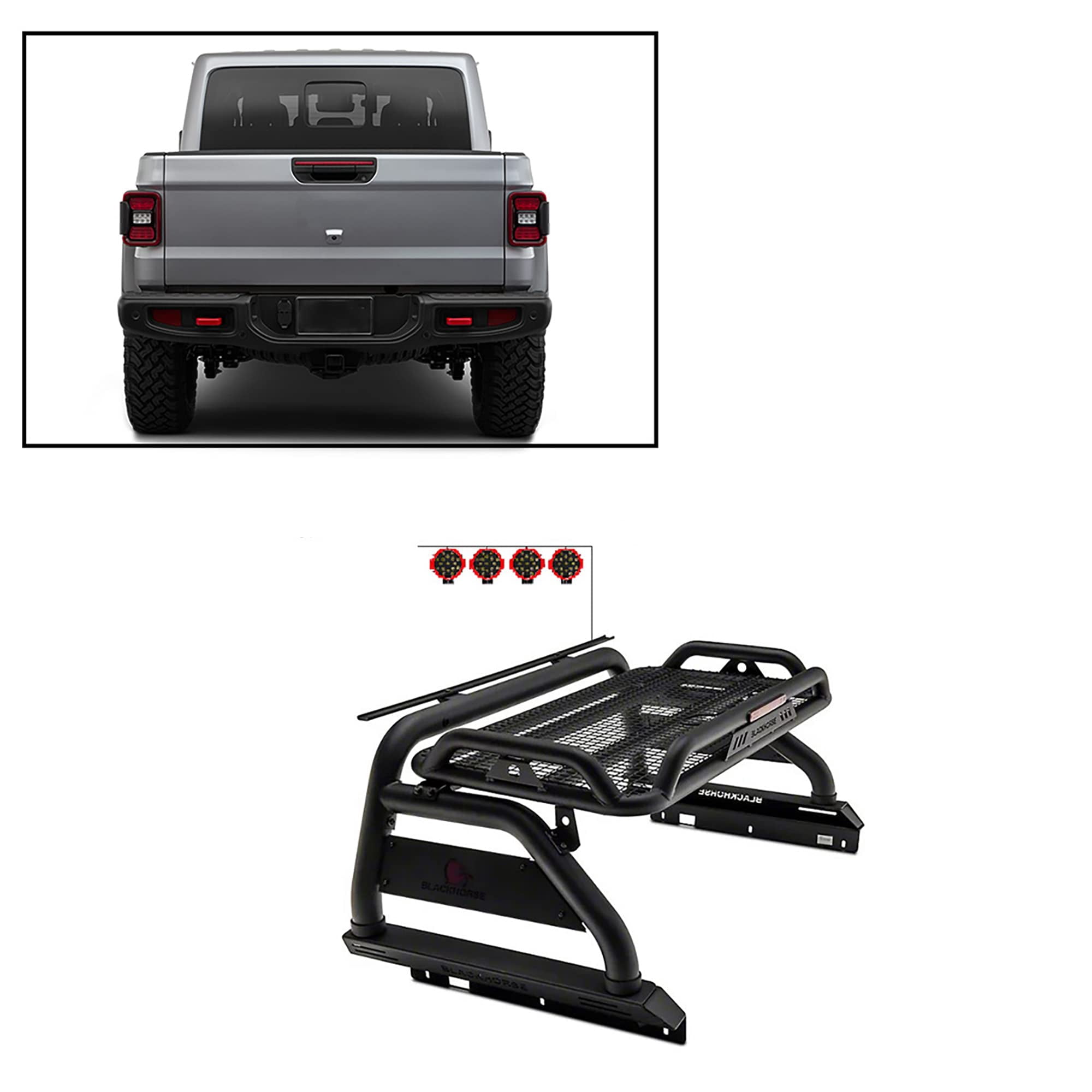 Black Horse Atlas Roll Bar Incl. Pair of 7.0" Dia. LED Lights w/Red Trim Rings Black Compatible with 2020-2024 Jeep Gladiator-ATRB9BK-PLR