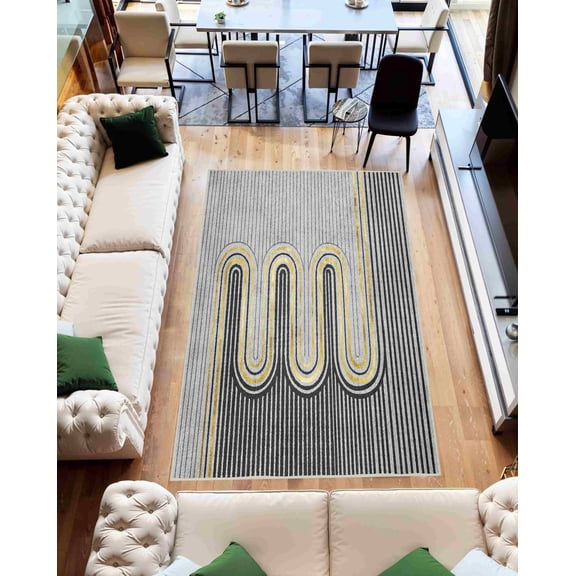 Machine Washable Area Rug 5x7 with Anti-Slip Backing Abstract Living Room Carpet Design 7705 Color Grey Beige