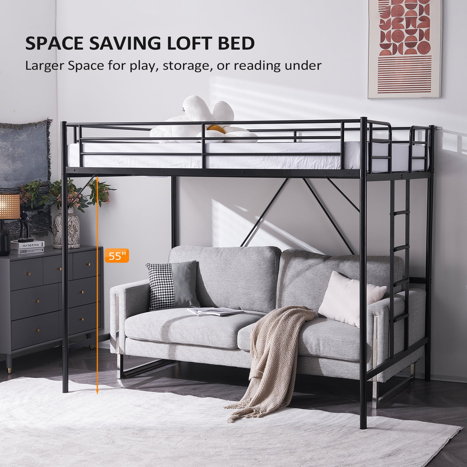 Ktaxon Loft Bed Full Size with Flat Rungs, No Box Spring Required,Heavy Duty Metal Slat Support,Black