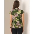 thumbnail image 3 of DARING DIVA Stand Collar Floral Silky Work Blouse Top Navy Blue XS XS Green, 3 of 6