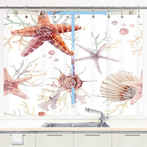 Beach Kitchen Curtains, Starfish And Seashells Decor Window Drapes Curtains 2 Panels Set Fabric Window Treatment Sets With Hooks, 55X39 Inches