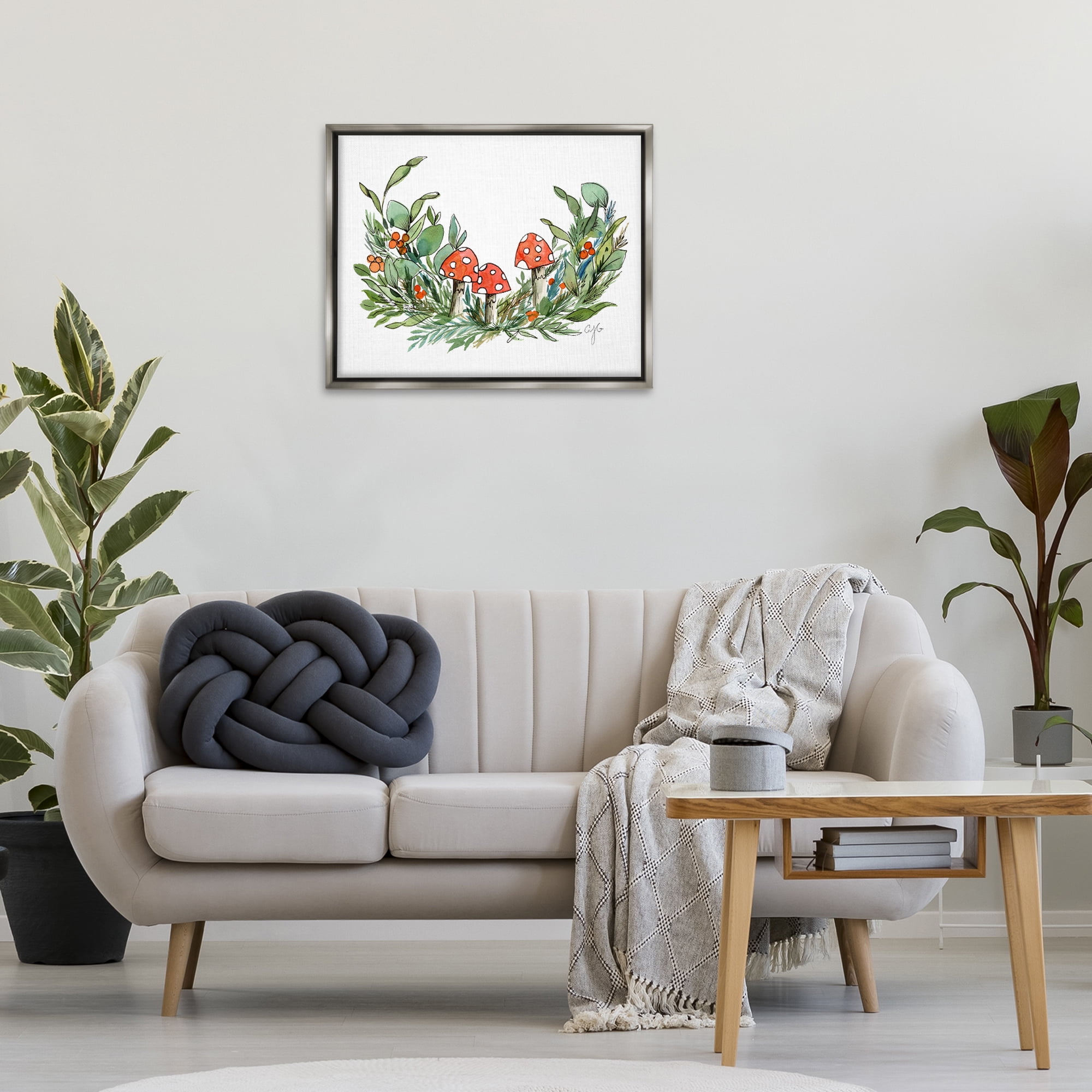 Stupell Industries Mushrooms and Greens Plants & Flowers Painting Gray Floater Framed Canvas Art Print Wall Art, 31 x 25
