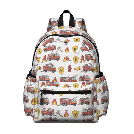 Fireman and Shield White Pattern Cute School Backpack with Padded Back and Adjustable Shoulder Straps 13.4 x11 x4.7