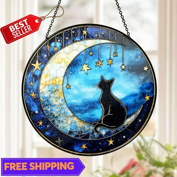 Black Cat on Moon Suncatcher, Acrylic Window Hanging Art