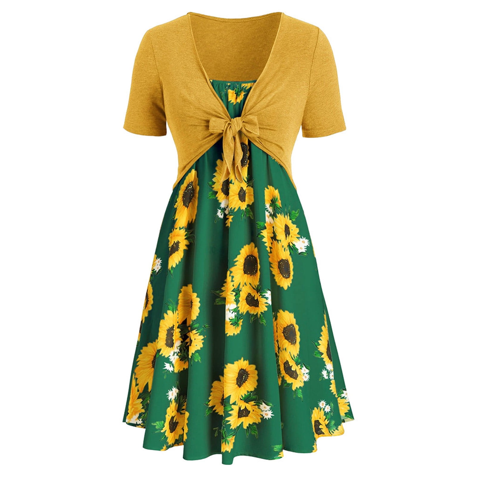 Womens Sunflower Short Sleeve Midi Dresses Bow Knot Bandage Tops Suit Summer Casual Straps Cover Up Mini Tshirt Dress Loose Swing Flowy Pleated Floral Sun Dress 