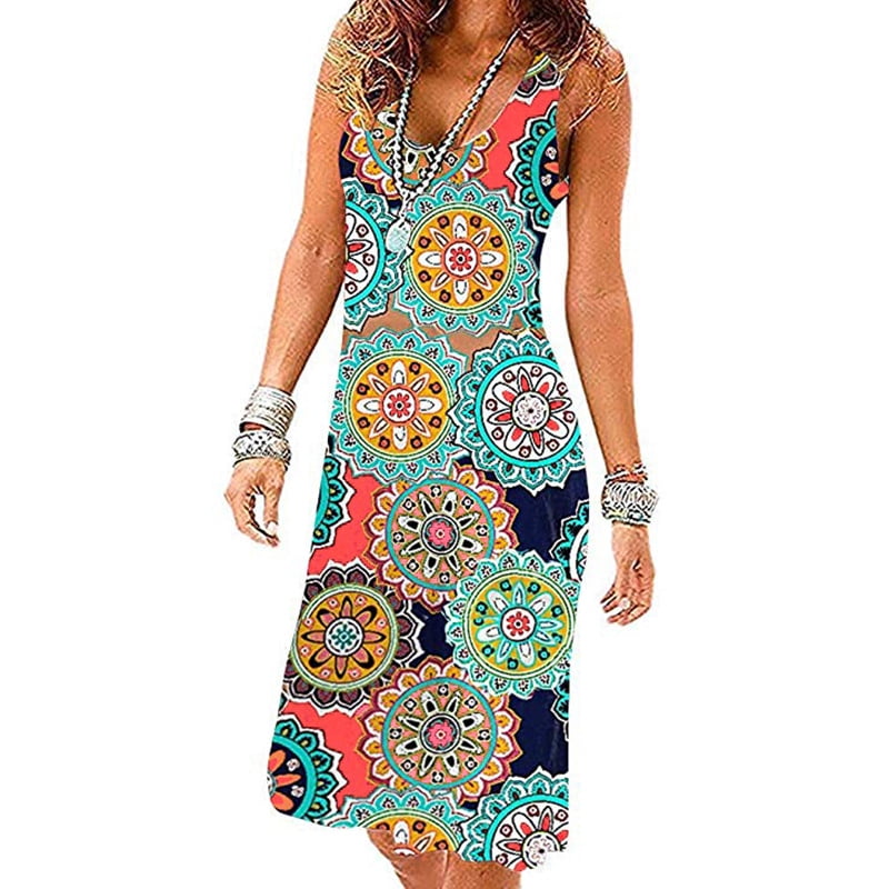 Women's Sexy Crewneck Sleeveless Beach Vacation Dress Pleated Knee