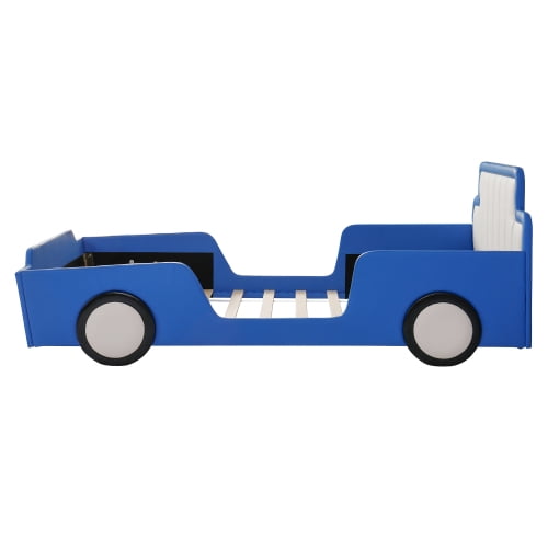 Twin Size Race Car Shaped Platform Bed with Wheels and Safety Rails, Blue