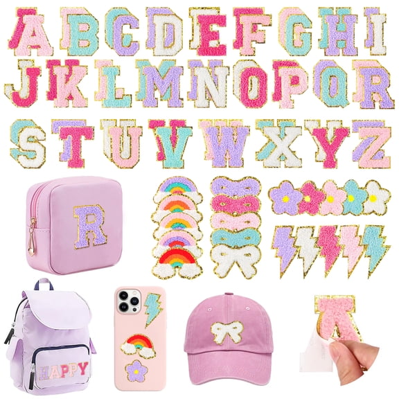 72 Pcs Chenille Patches Self-Adhesive Set, 52 Varsity Letter Patches and 20 Fun Shape Stickers, Patch for Clothing Jackets Backpacks Hats DIY Crafts
