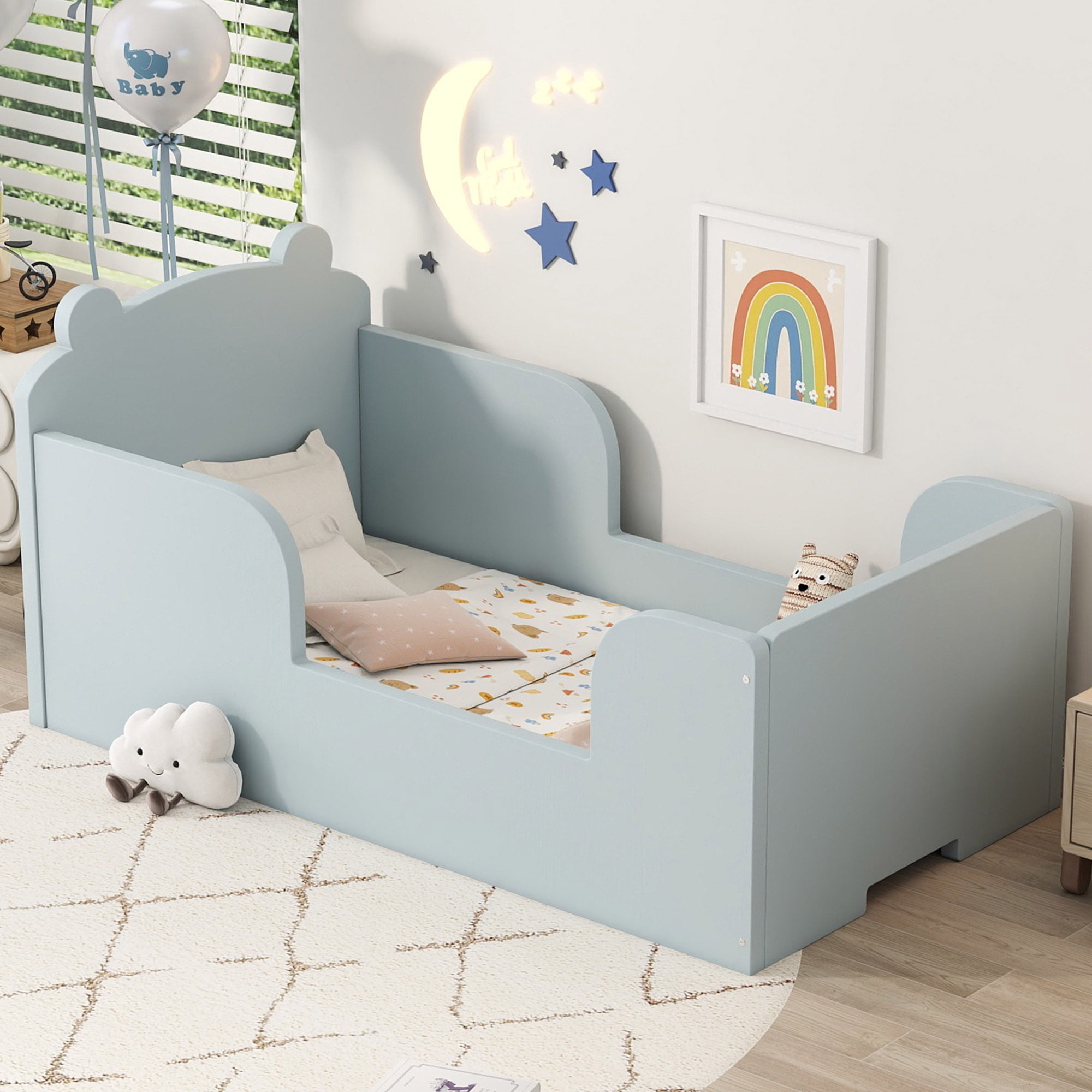 Aukfa Toddler Bed, Floor Bed Frame with Safely Rail and Bear Shape Headbroad for Kids Ages 2-6, Blue