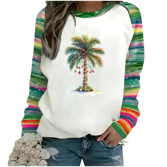 Cavosen Christmas Womens Dressy Tops and Blouses Crew Neck Long Sleeve Ugly Pullover Palm Tree Solid Stretch Loose Raglan Sleeve Blouses Party Shirt Tops