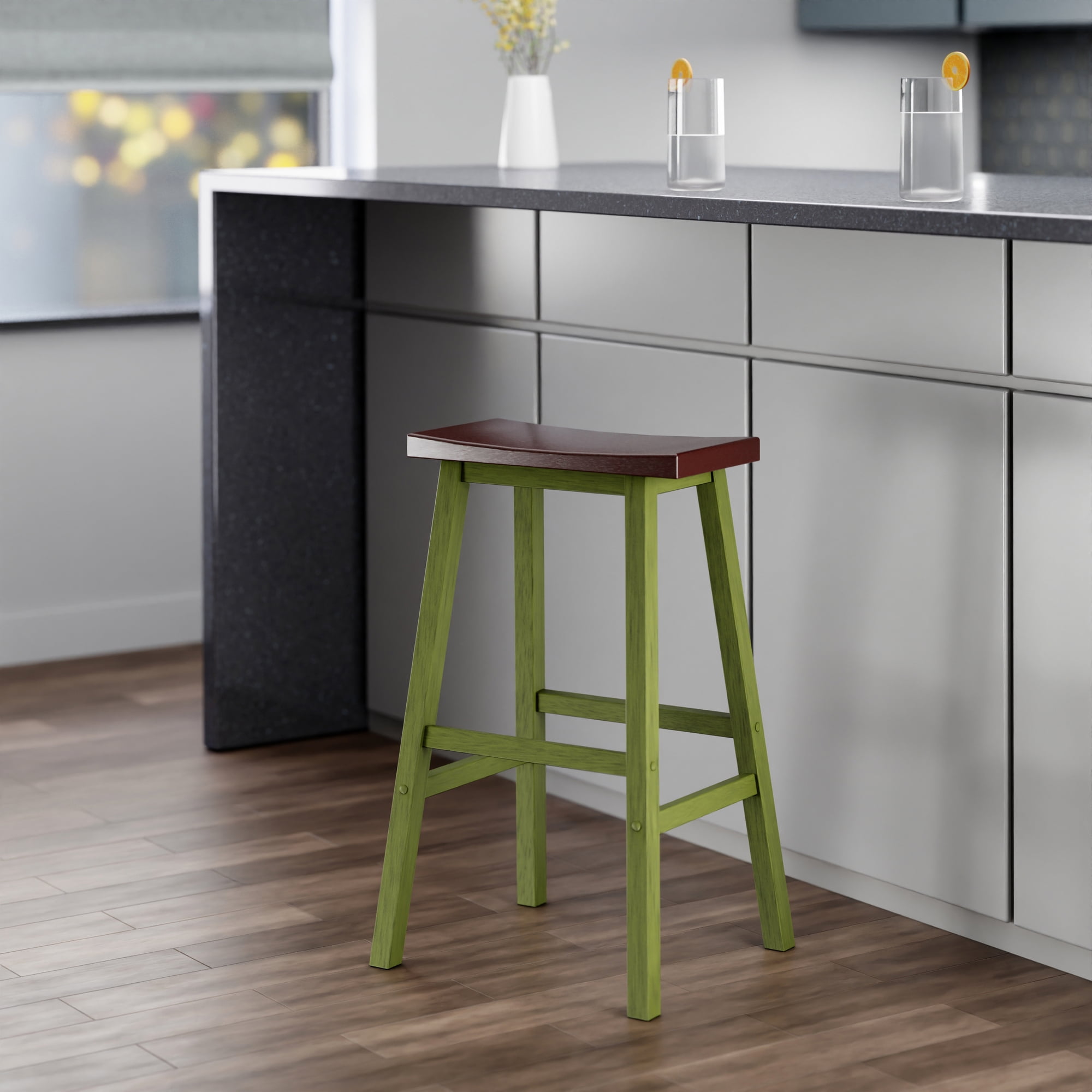 Winsome Satori Saddle Seat Bar Stool, Rustic Green and Walnut Finish