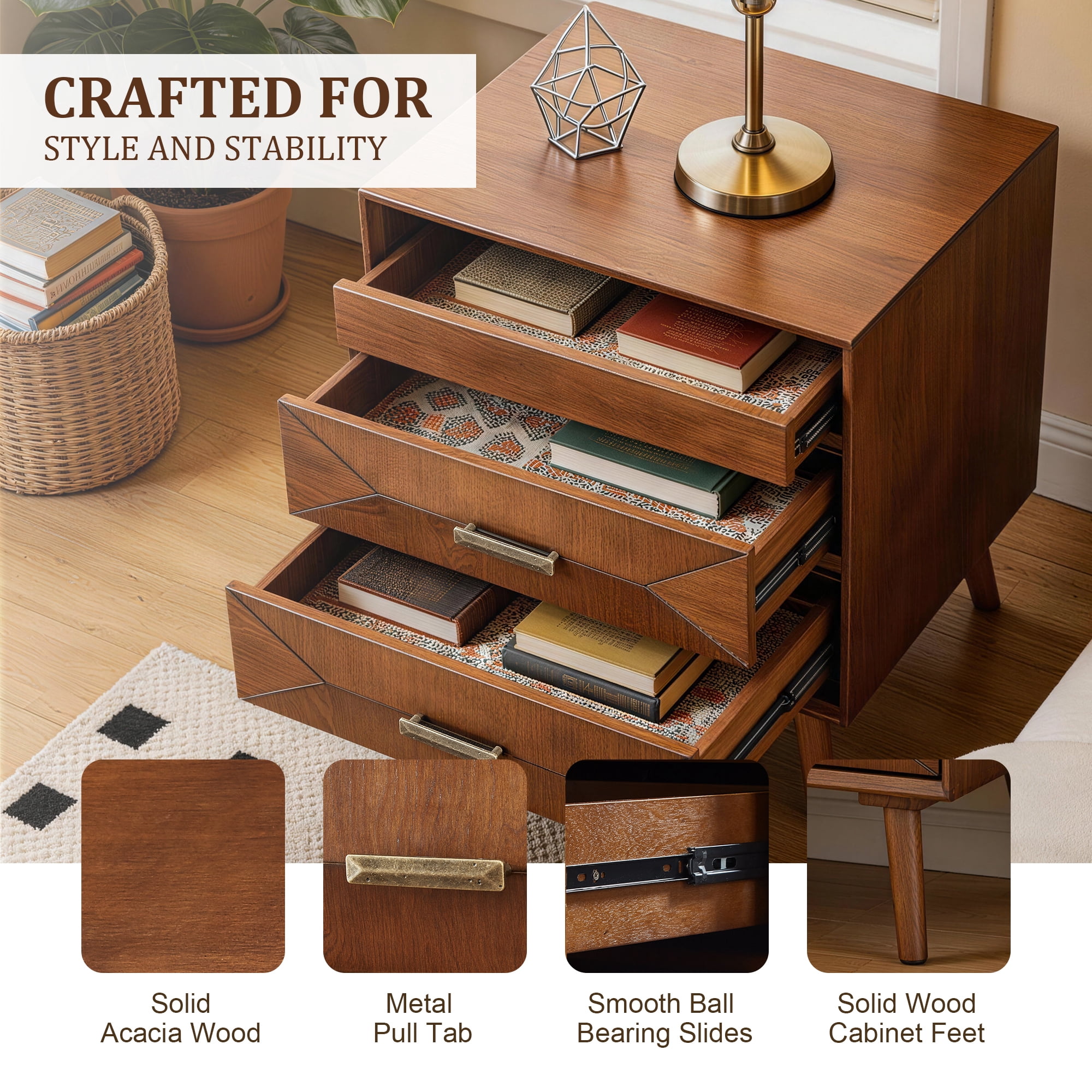 Leumius 24" Nightstand with Charging Station, Keep Your Phone Charged and Bedroom Organized, Wood Bedside Table with 2 Drawers, Open Shelf and USB/Type-C Ports for Bedroom Living Room Walnut
