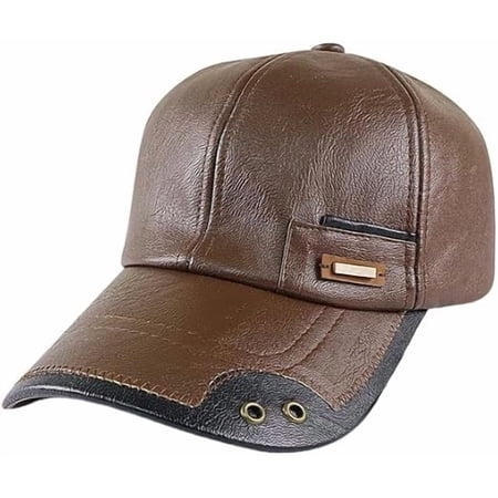 Men s Warm Pu Leather Baseball Cap Trucker Hat Dad Hat Fishing Hunting Cap with Button Hole Front Design Coffee
