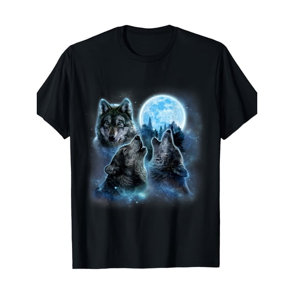 Gray Wolf T-Shirt - Three Wolves Roar Under the Cold Full Moon, Casual Crew Neck Short Sleeve T-Shirt, 100% Cotton Fabric, Slightly Stretchy, Summer Fashion Top, Regular Fit