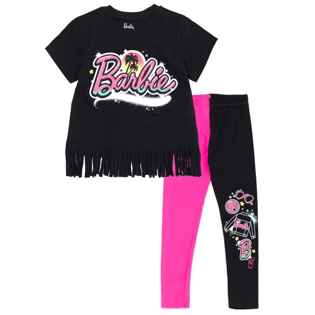Conjunto de camiseta y leggings para niñas pequeñas de Barbie, color rosa y negro