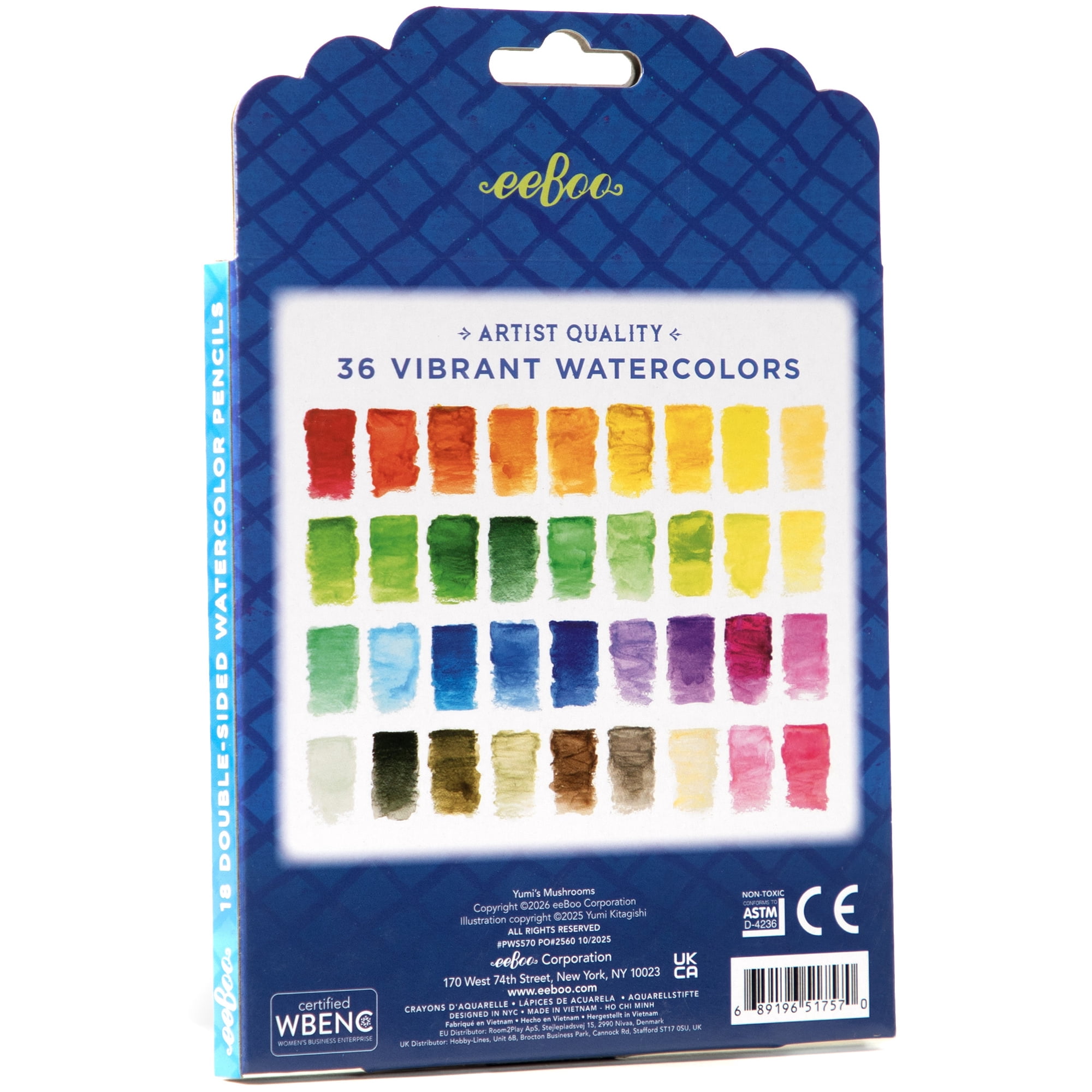 eeBoo: Watercolor Pencils - Yumi’s Mushrooms - 18 Double-Sided Pieces, 36 Colors, Foil Barrel, Add Water For Painting, Artist Quality, Adult Supplies