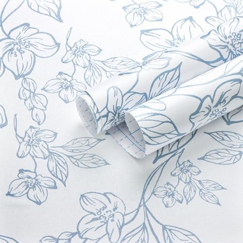 Peel and Stick Wallpaper Blue and White Contact Paper Modern Flroal Wall Papaer Textured Removable Self Adhesive Vinyl Stick on Wallpaper for Bedroom Cabinet 17.3x78.7in
