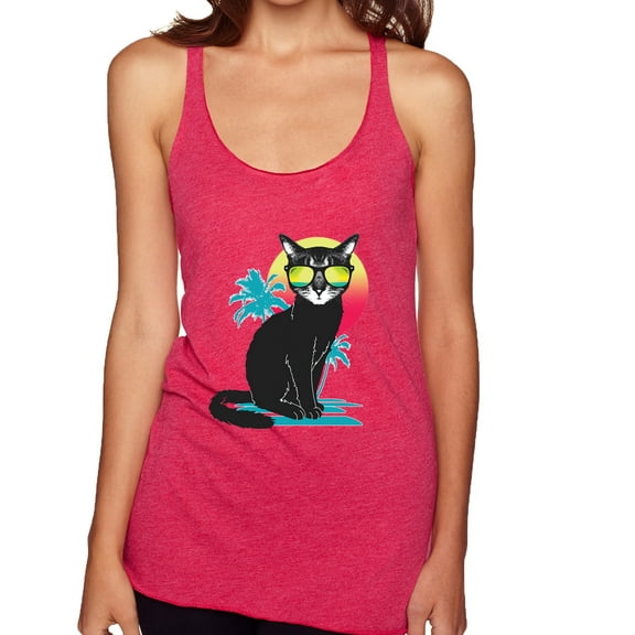 Cool California Beach Kitten Silhouette Sun Cat | Womens Cat Lover Premium Tri-Blend Racerback Tank Top, Shocking Pink, Medium