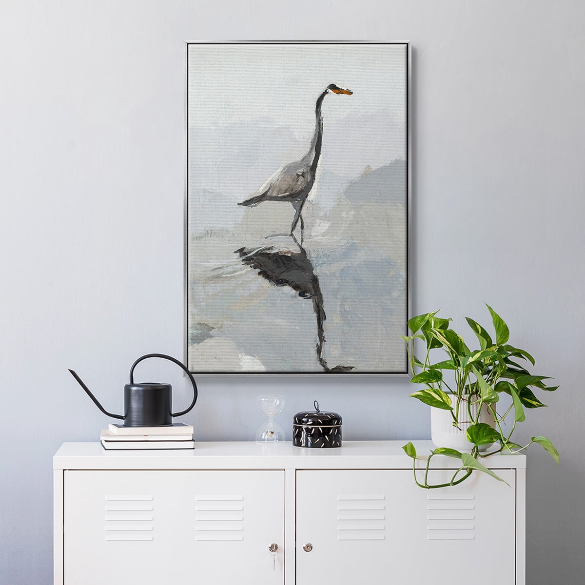 Heron Framed Premium Gallery Wrapped Canvas - Ready to Hang - 27 x 41 - Silver Floating Frame