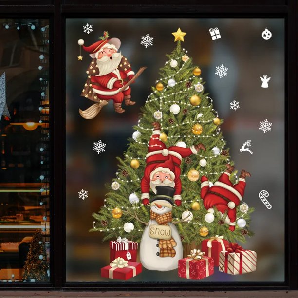 Pegatinas navideñas para ventana con dibujos animados de Papá Noel, árbol de Navidad, unicornio, calcomanías de vidrio, decoraciones navideñas para el hogar, Año Nuevo 2025