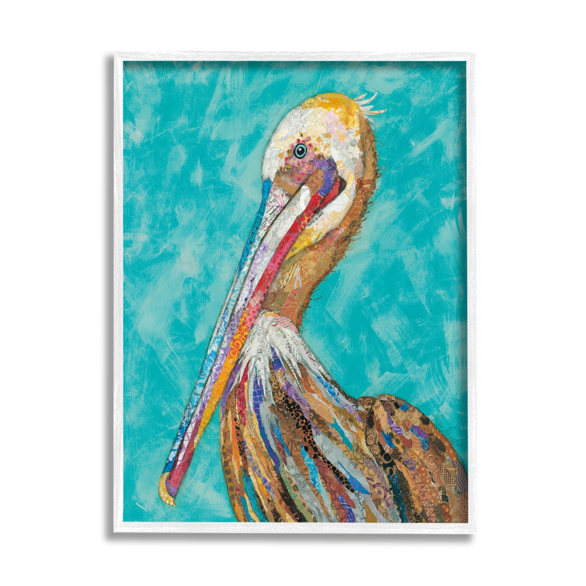 Stupell Industries Bold Pelican Bird Varied Collage Pattern Stripes Painting White Framed Art Print Wall Art, Design by Lisa Morales