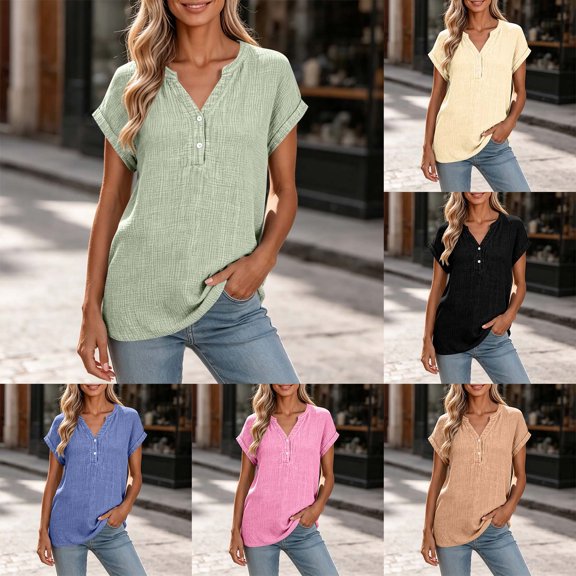 Women's Casual Solid Color V Neck Button Down Short Sleeve Cotton Tops Blouses Soft Lightweight Work Office Outfits | CSEONE,Army Green L