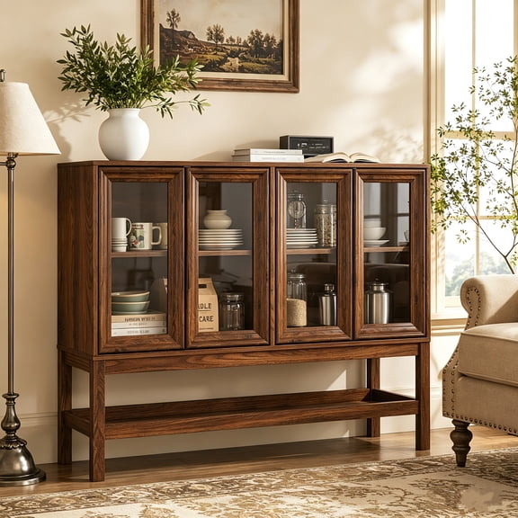 HMstone Sideboard Buffet Cabinet 47"W Storage Cabinet with 4 Glass Press-to-Open Doors, Coffee Bar Cabinet Buffet Table with Shelves for Kitchen, Living Room, Walnut