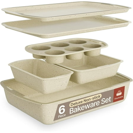 Bakken Swiss - Bakeware Set – 6 Piece Stackable, Deluxe, Non-Stick Baking Pans for Professional and Home Cooking Carbon Steel, White Stone Coating