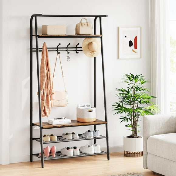 Banc à Chaussures avec Portemanteau et 5 Crochets, Arbres de Hall d'Entrée avec Rangement, Organisateur de Couloir Multifonction, Meuble d'Accent Effet Bois avec Cadre en Métal, Banc à Chaussures 4-en-1 avec Arbres de Hall (5 Crochets-31,5 Po)