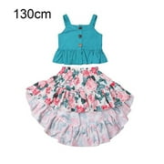 2Pcs Baby Top Skirt Outfit Dot Mini Floral Printed Skirt Backless Vest Ruffled Hem Printed Clothes, 90cm