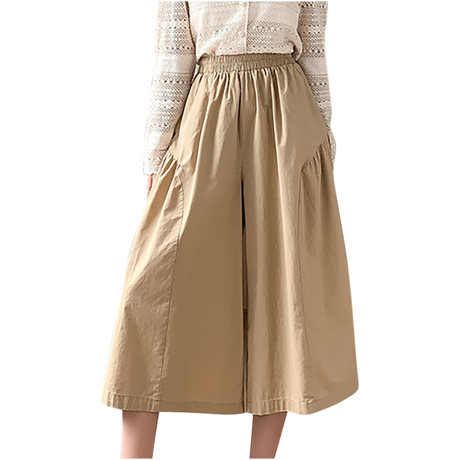 Womens Baggy Cotton Linen Cropped Pants Skirt Pockets Elastic High Waist Wide Leg Pleated Summer 9380