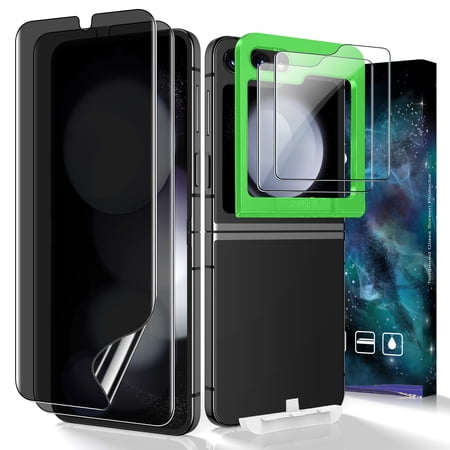[2+2 Pack] Cnarery Privacy Screen Protector for Samsung Galaxy Z Flip 5, Front Privacy TPU Screen Protector + Back Tempered Glass with Upgrade Alignment Tool, Easy Installation, Bubble Free