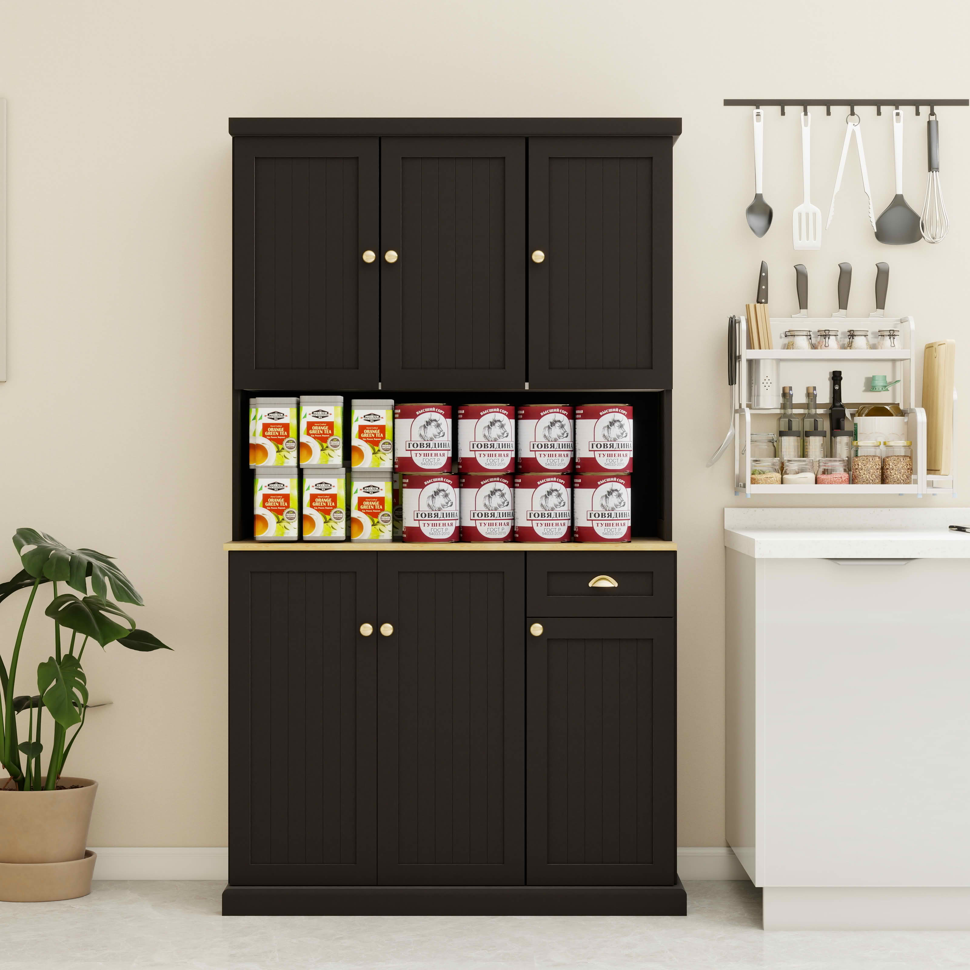 MAYEERTY 71-Inch Kitchen Pantry Storage Cabinet, Freestanding Hutch with Microwave Countertop 6 Doors 1 Drawer Black
