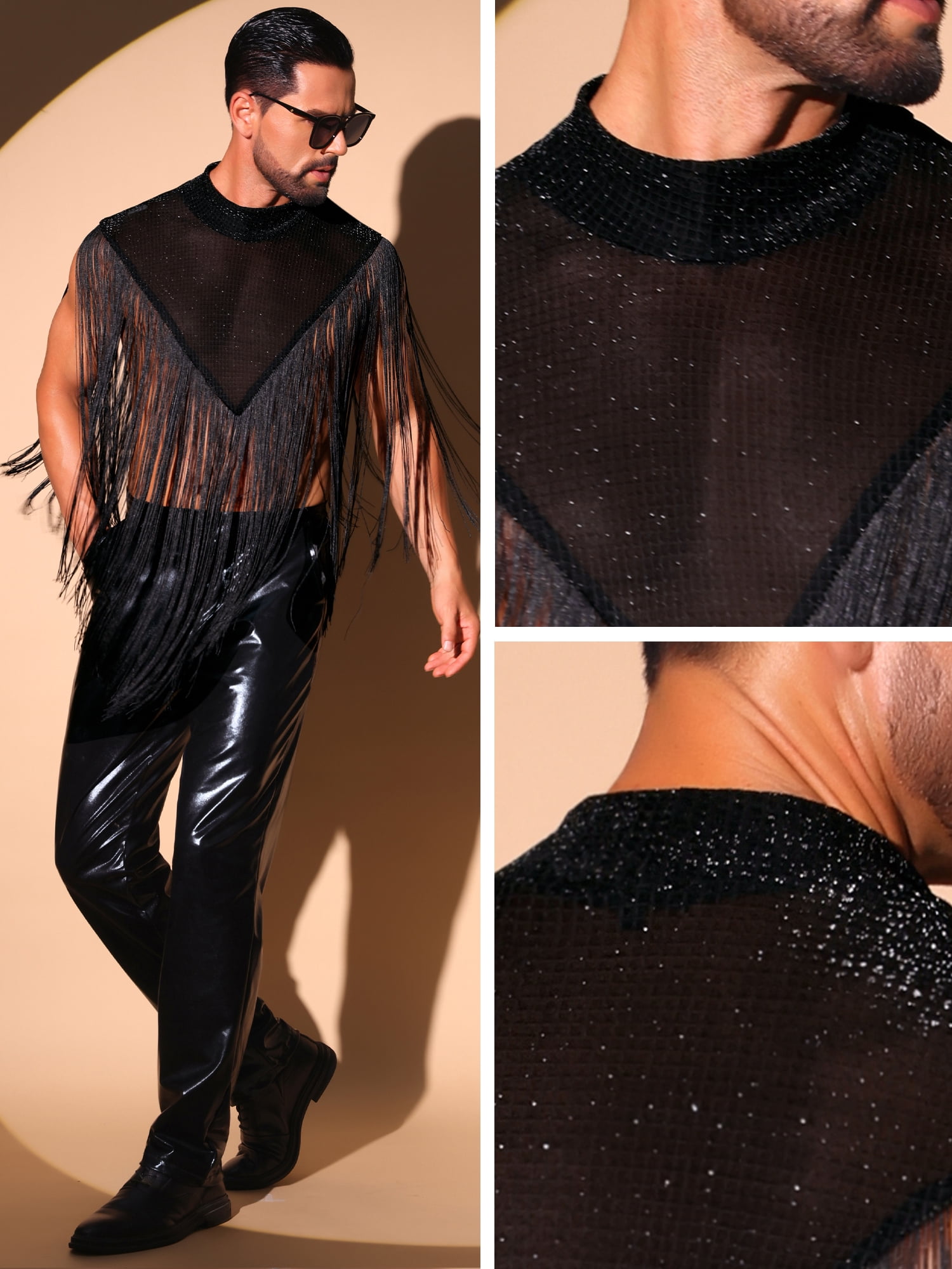 DARING DIVA Men's Mock Collar Sleeveless Patchwork Sequins Fringe Vest L Black