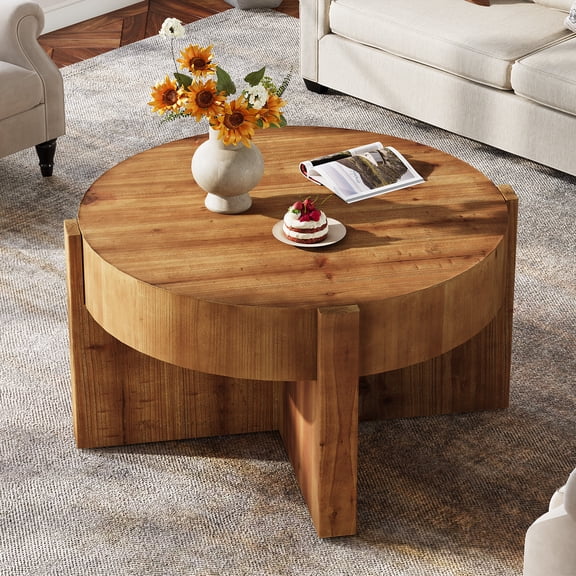 Finmind Round Solid Wood Coffee Table, 31.5 Inch Farmhouse Center Table with Thick Tabletop and X-Shaped Legs for Living Room, Easy Assembly, Rustic Brown