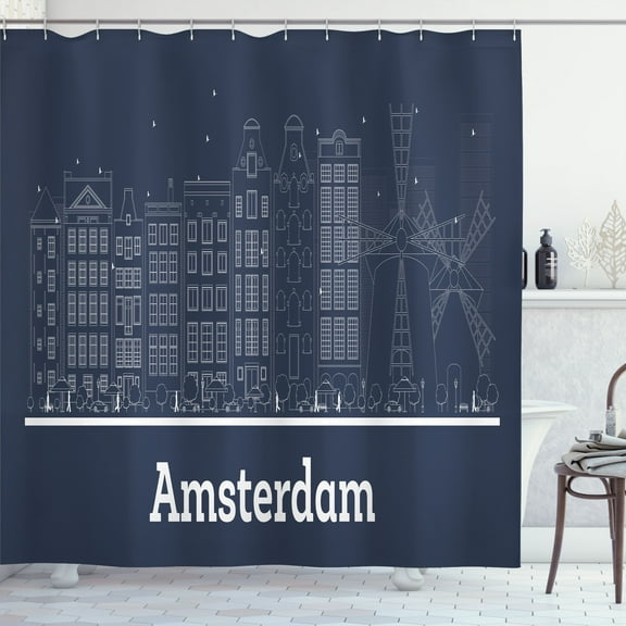 Ambesonne Amsterdam Shower Curtain, Contemporary City Outline, 69"Wx75"L, Dark Blue Grey and White
