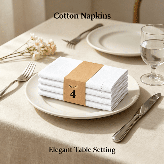 ARLAJO Threads Hemstitch Cloth Napkins 18X18" -100% Cotton,Reusable,Soft,Absorbent,Washable Napkins-Set of 4-Ideal for Lunch,Weddings,Baby Showers,Christmas,Formal Events-White