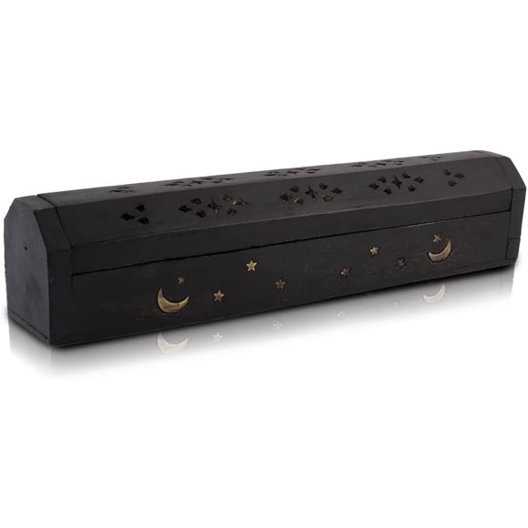 Le Grand Bazar Indien Beau Bâton d'Encens en Bois & Brûleur de Cônes Porte-Coffin avec Compartiment de Rangement Attrape-Cendres Bio Écologique pour Parfum Maison 12 Pouces Grand Noir