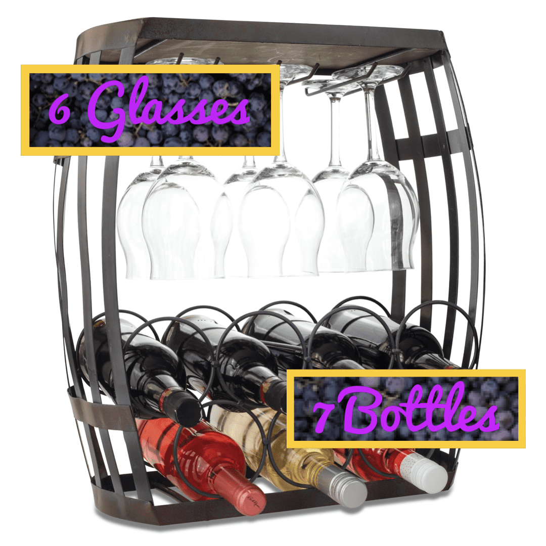 Made Easy Kit Wine Bottle and Glass Holder Rack, Metal and Wood