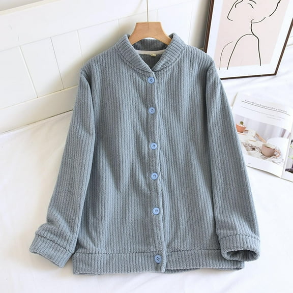 Fuzzy Pajamas Shirts for Women, Winter Flannel Warm Sleepwear Button down Thermal Tops Comfy Pjs Loungewear New Blue XL