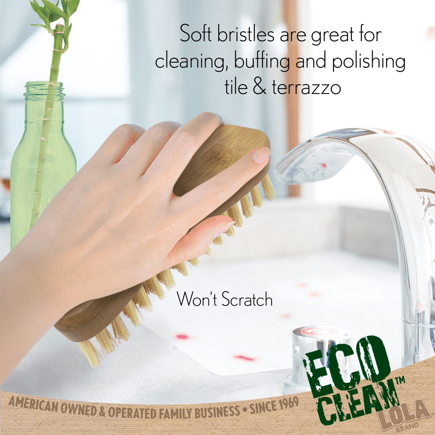 LOLA Eco-Clean Bamboo Scrub Brush W/ Bamboo Handle, Poly Fiber Bristles - 6 Pack