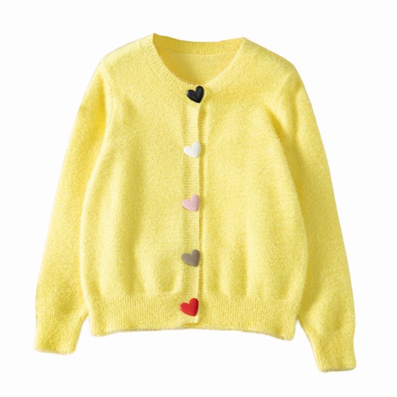 Women's Heart Button Cardigan Crewneck Long Sleeve Knit Sweater for Casual Fall Wear Yellow XL